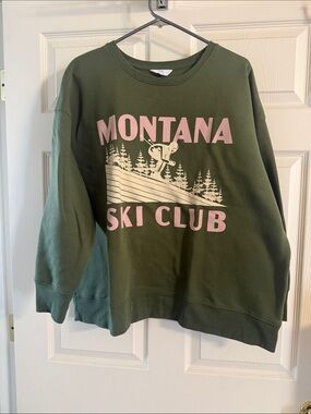 Time and Tru Olive Green Crewneck with Pink Montana Ski Club Graphic